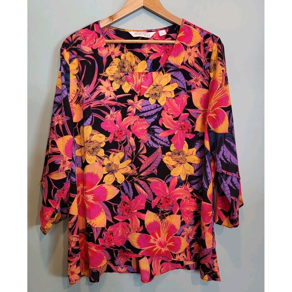 Colorful Floral Lightweight Chiffon 3/4 Flare Sleeve V Neck Tunic Top Sz XL